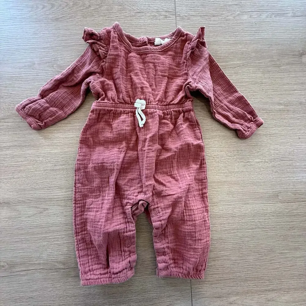 City Mouse Baby Ruffle Muslin Romper Mauve 0-3M